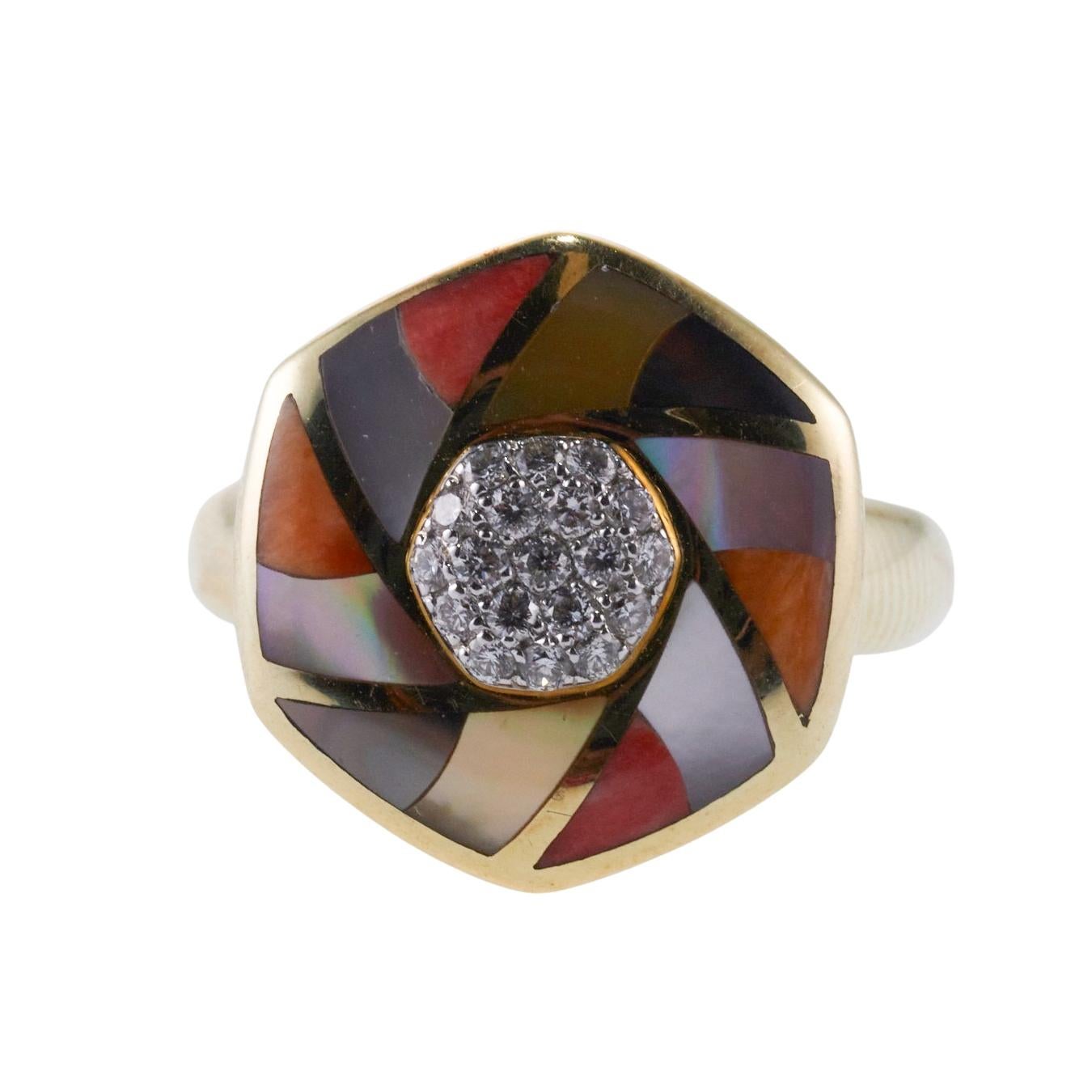 Asch Grossbardt Inlay Coral Mother of Pearl Diamond Gold Ring In Excellent Condition For Sale In Lambertville, NJ