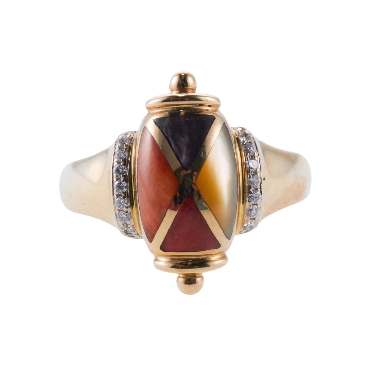 Uncut Asch Grossbardt Inlay Coral Mother of Pearl Diamond Gold Ring For Sale