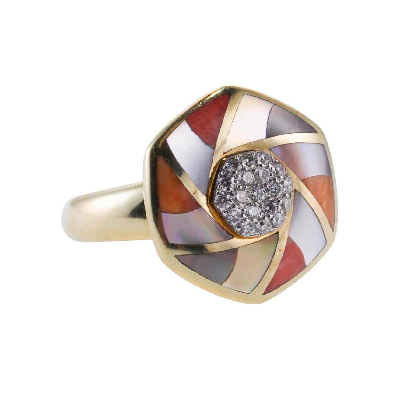 Women's Asch Grossbardt Inlay Coral Mother of Pearl Diamond Gold Ring For Sale