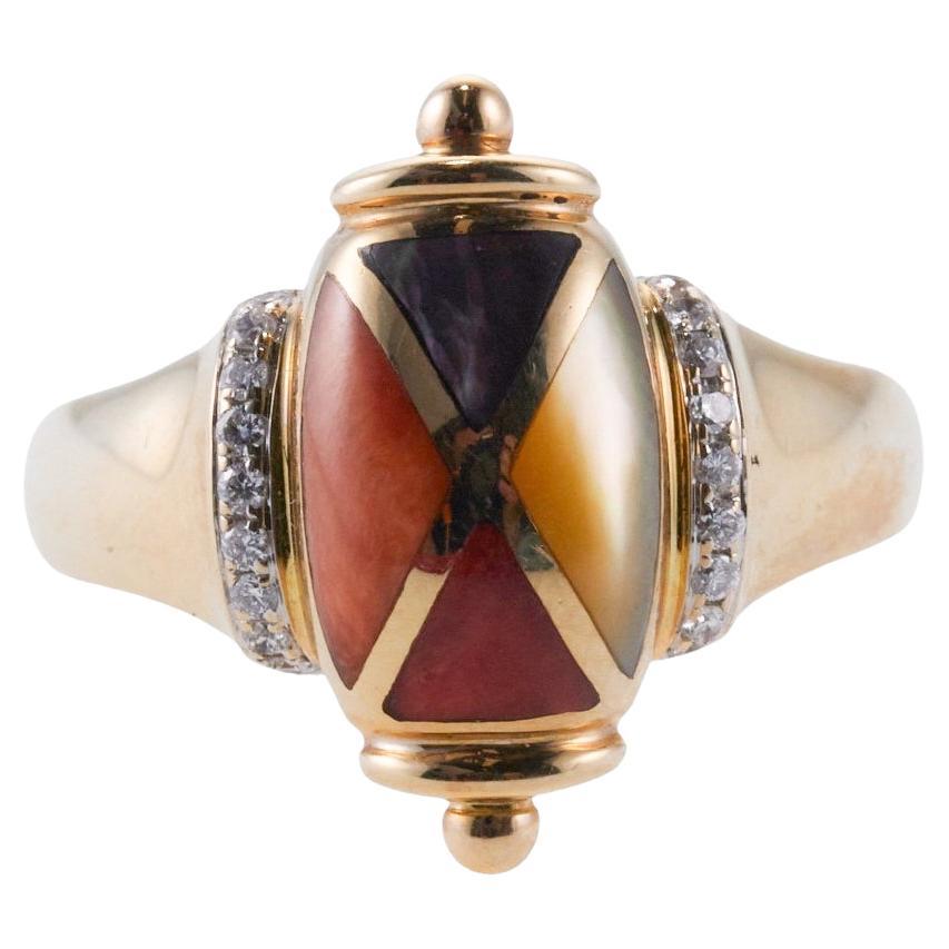 Asch Grossbardt Inlay Coral Mother of Pearl Diamond Gold Ring For Sale