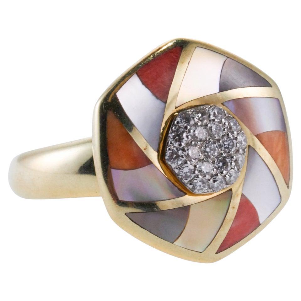 Asch Grossbardt Inlay Coral Mother of Pearl Diamond Gold Ring For Sale