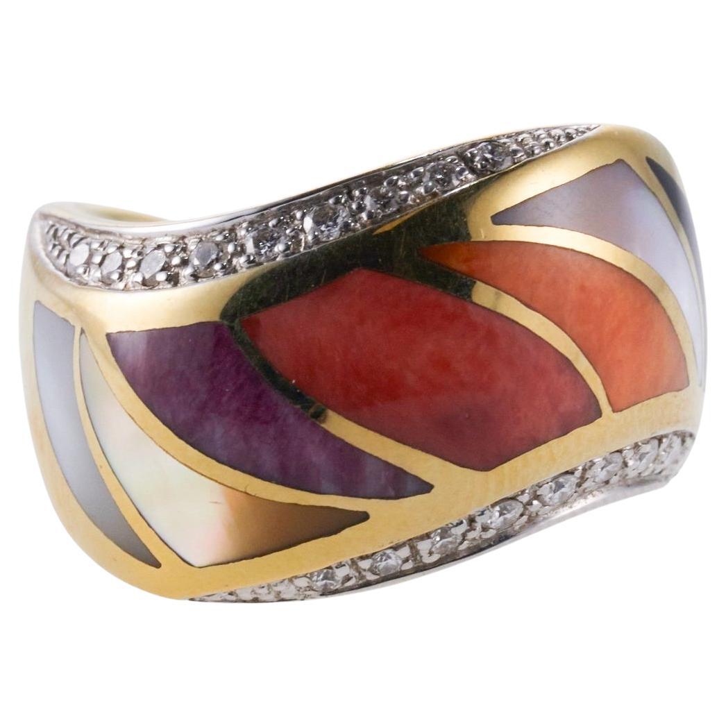 Asch Grossbardt Inlay Coral Mother of Pearl Diamond Gold Wave Ring For Sale