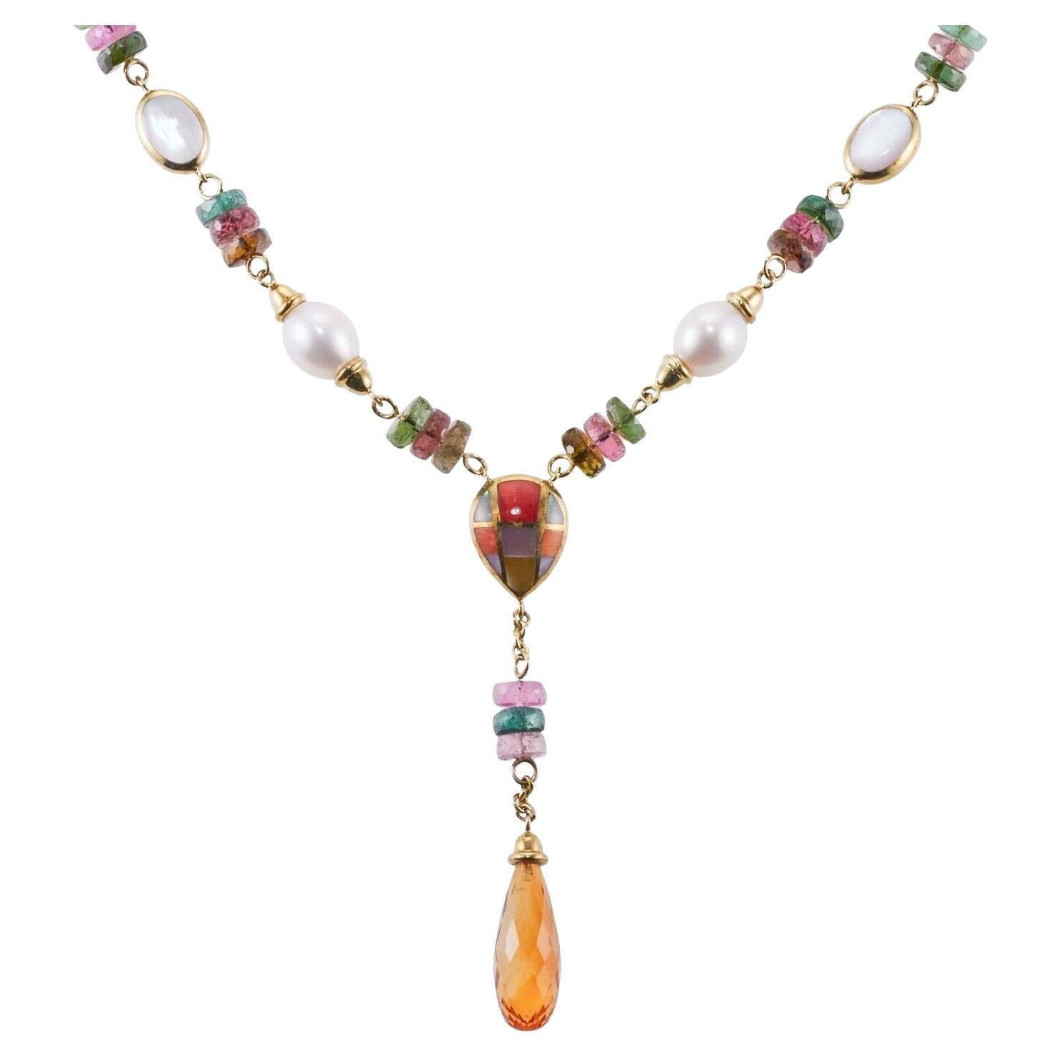 Asch Grossbardt Inlay Gemstone Pearl Tourmaline Citrine Pendant Gold Necklace For Sale