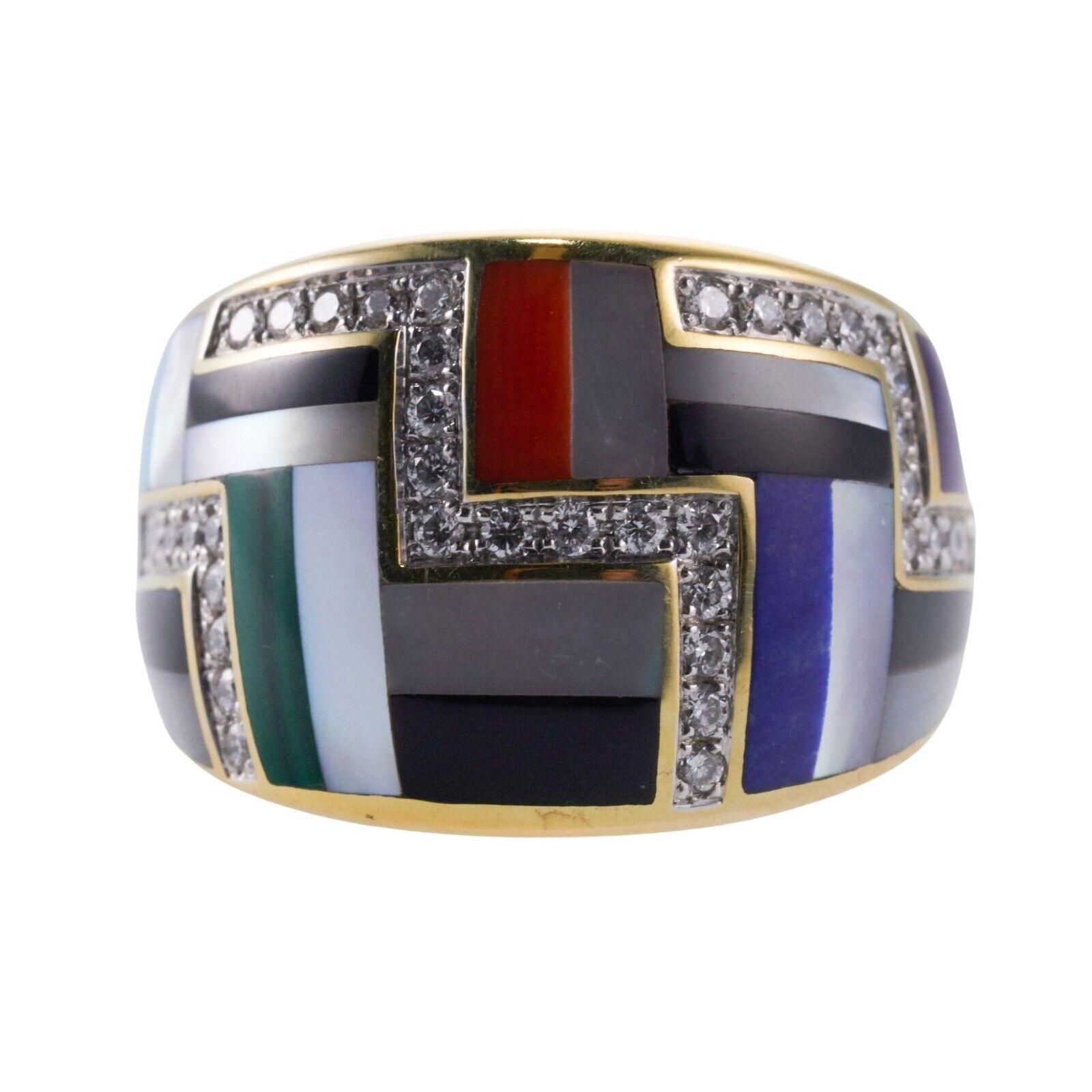 A 14k yellow gold ring set with mother-of-pearl, coral, onyx, malachite lapis, turquoise, purple sugilite and diamonds - approx. 0.42ctw. Ring Size 6.5, 16mm wide. Weight is 12 grams.