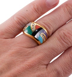 Asch Grossbardt Inlay Malachite Coral Lapis Diamond Gold Wave Ring