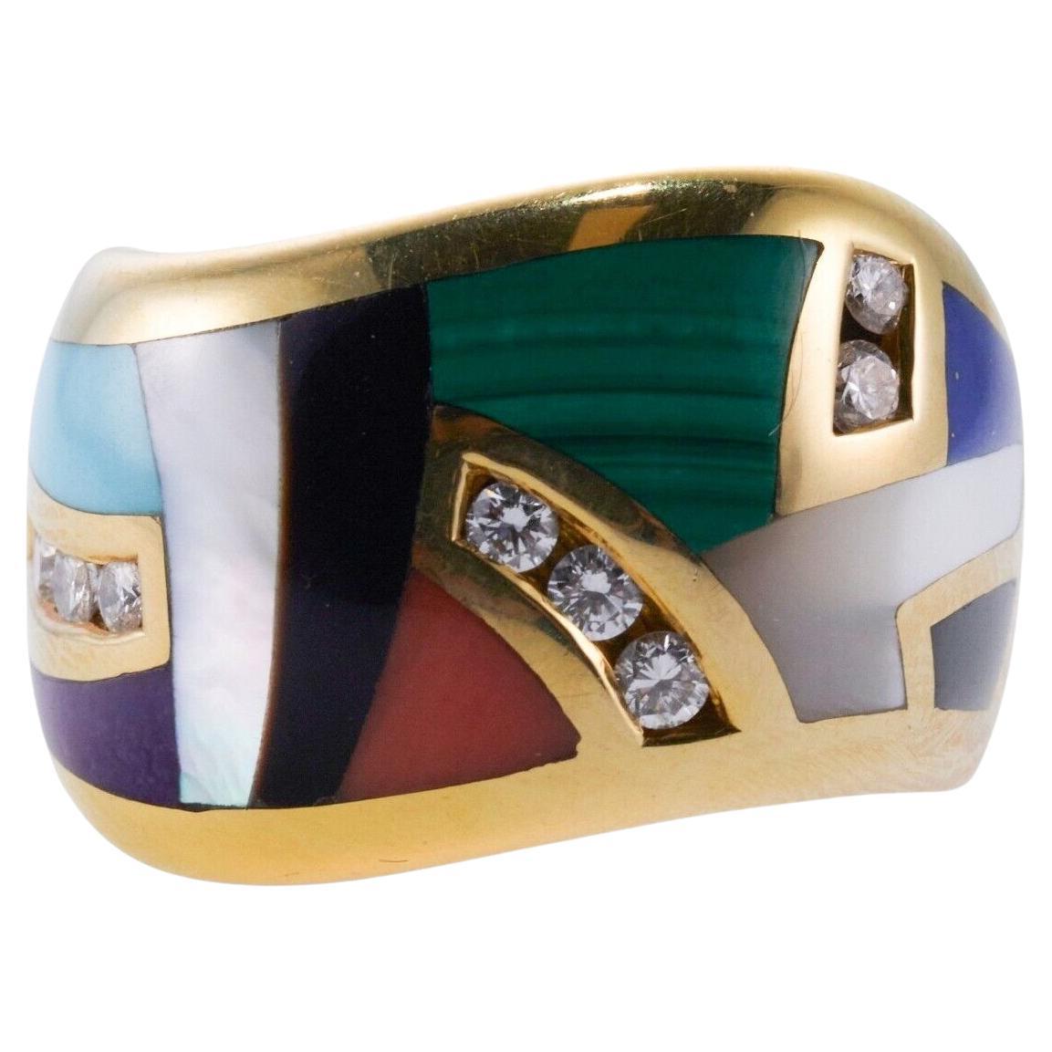 Asch Grossbardt Inlay Malachite Coral Lapis Diamond Gold Wave Ring For Sale