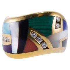 Asch Grossbardt Inlay Malachite Coral Lapis Diamond Gold Wave Ring