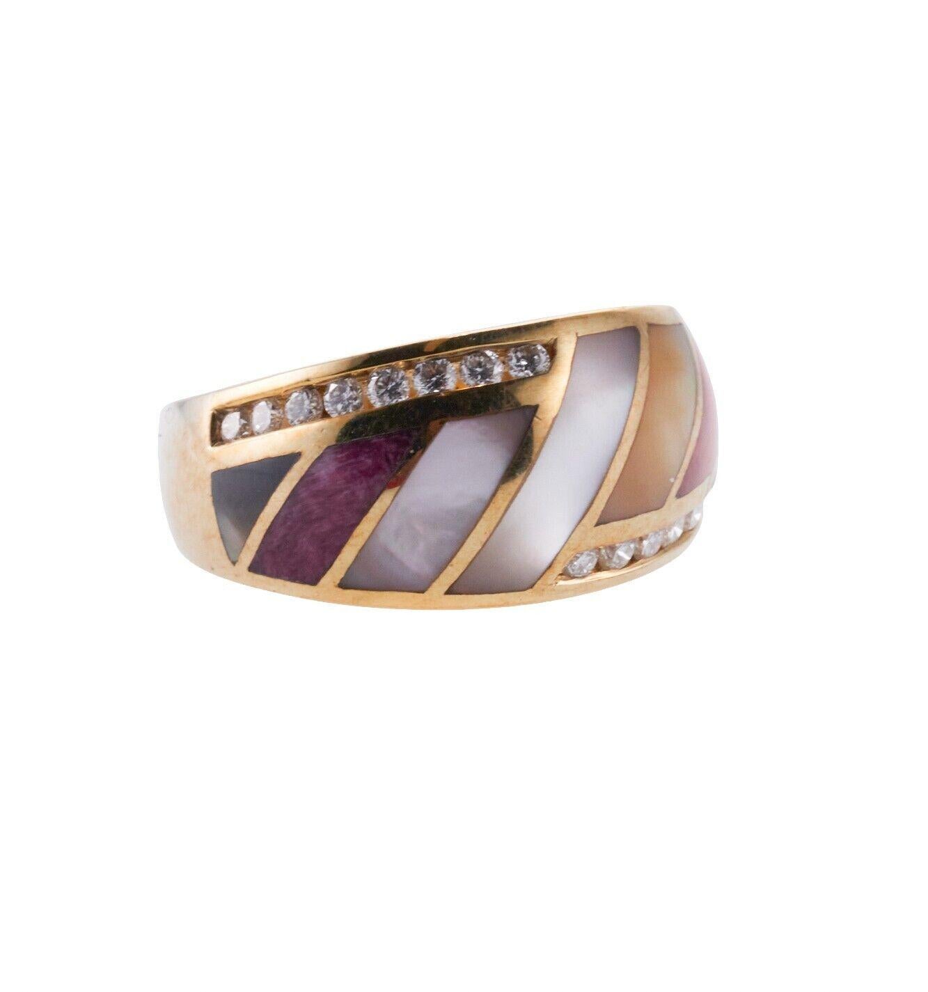 Asch Grossbardt Inlay Mother of Pearl Coral Diamond Gold Ring In Excellent Condition For Sale In Lambertville, NJ