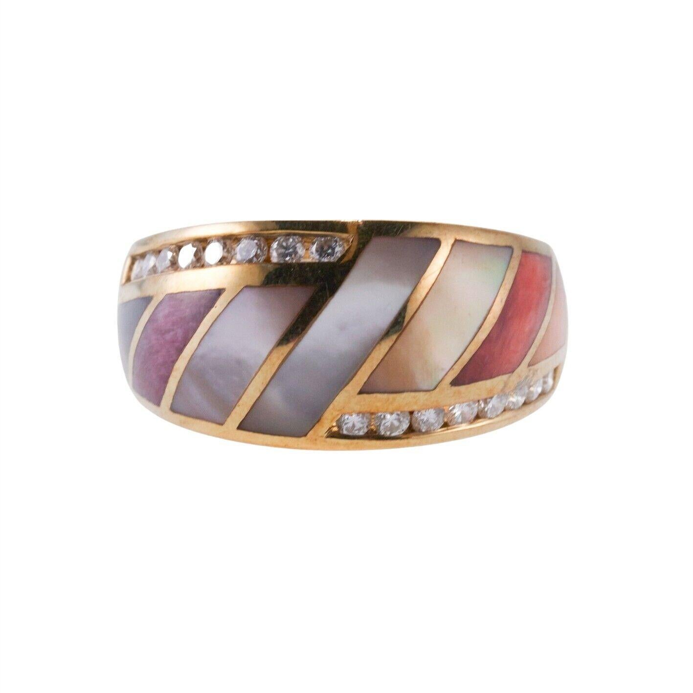 Women's Asch Grossbardt Inlay Mother of Pearl Coral Diamond Gold Ring For Sale