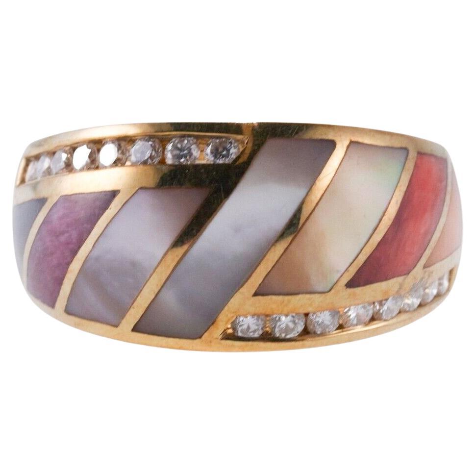 Asch Grossbardt Inlay Mother of Pearl Coral Diamond Gold Ring For Sale