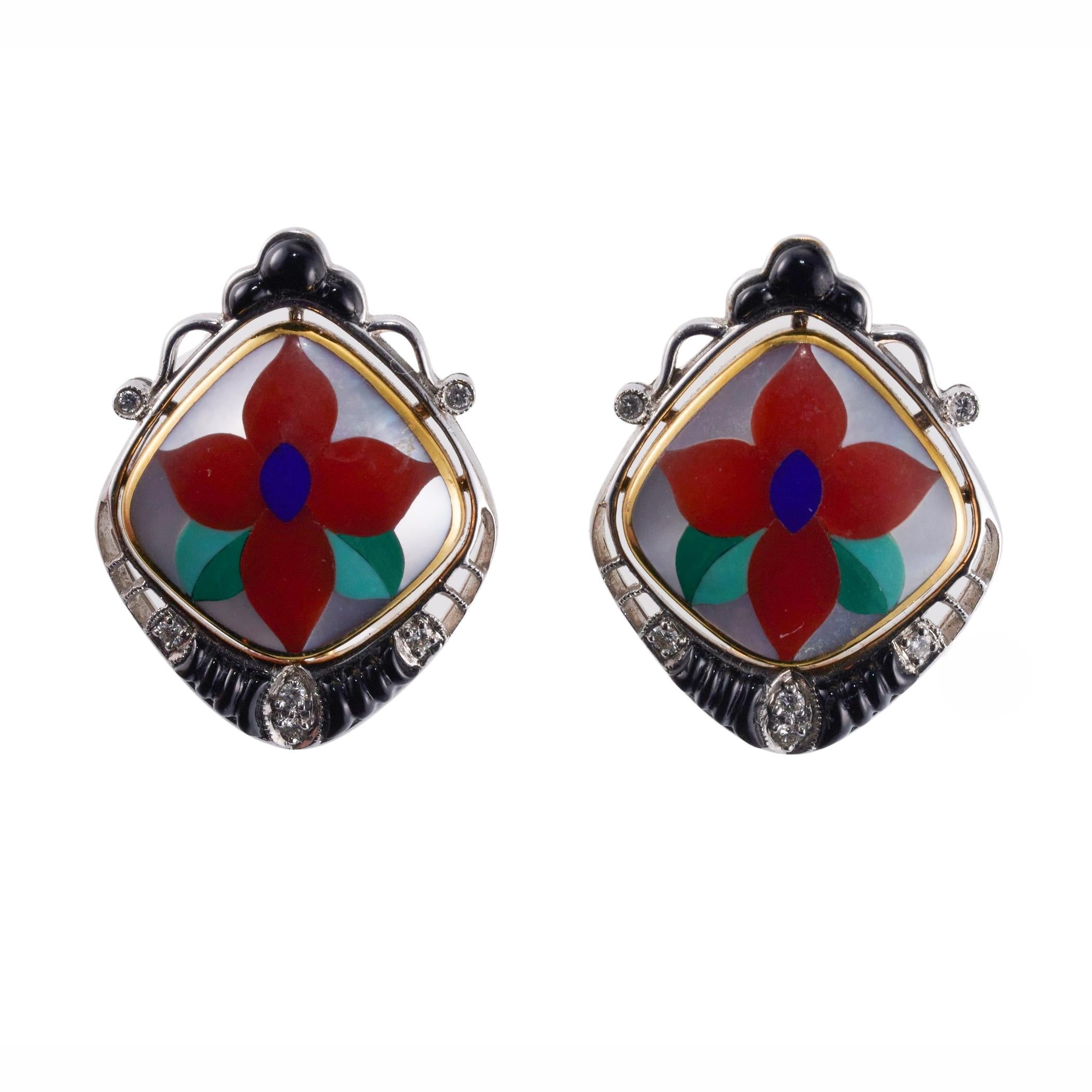 A 14k yellow gold ring set with inlay mother of pearl , malachite, coral and approx. 0.10ctw H/VS diamonds. Earrings are 28mm x 20mm. 15.7 grams.