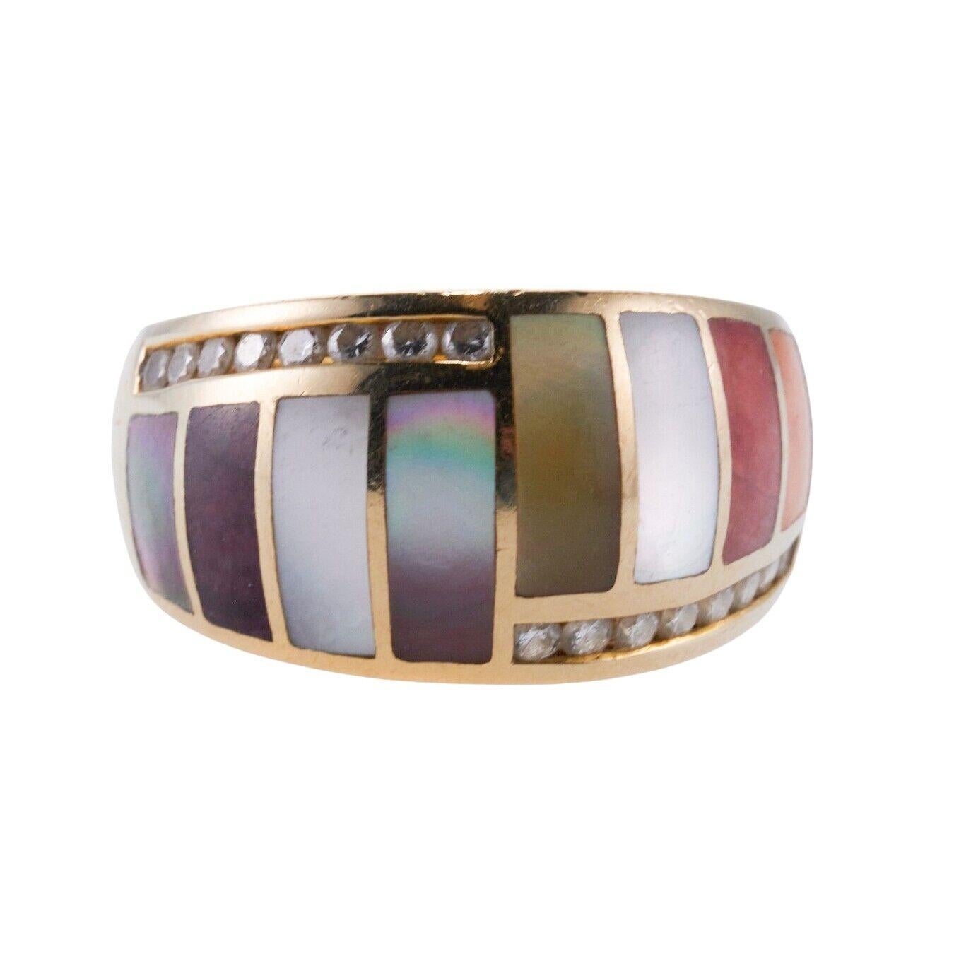 Women's or Men's Asch Grossbardt Inlay Mother of Pearl Coral Sugilite Diamond Gold Ring For Sale