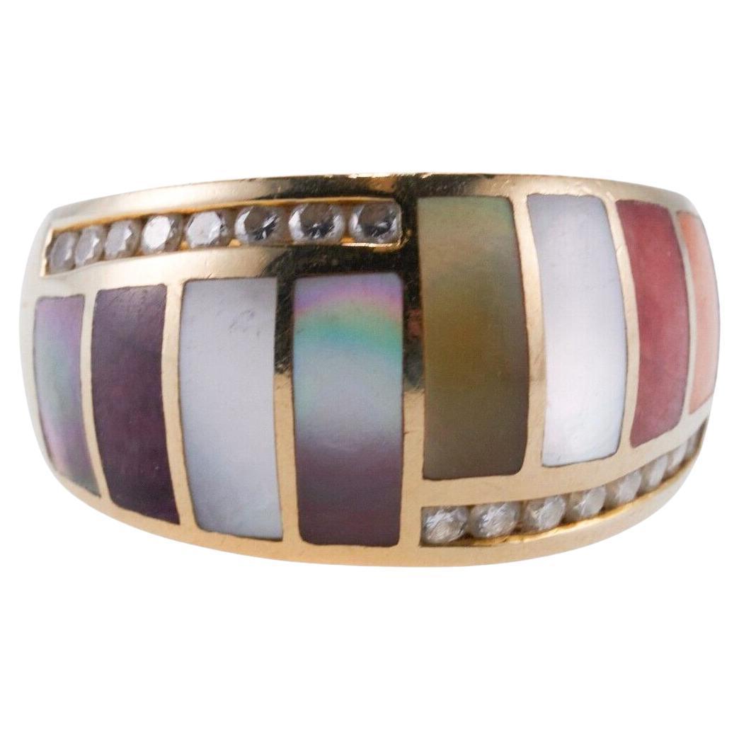 Asch Grossbardt Inlay Mother of Pearl Coral Sugilite Diamond Gold Ring For Sale