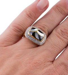 Asch Grossbardt Inlay Mother of Pearl Onyx Diamond Gold Ring