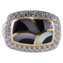Asch Grossbardt Inlay Mother of Pearl Onyx Diamond Gold Ring