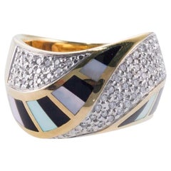 Asch Grossbardt Inlay Mother of Pearl Onyx Diamond Gold Wave Ring