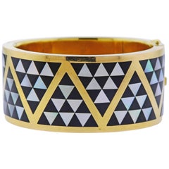 Asch Grossbardt Inlay Mother of Pearl Onyx Gold Bangle Bracelet