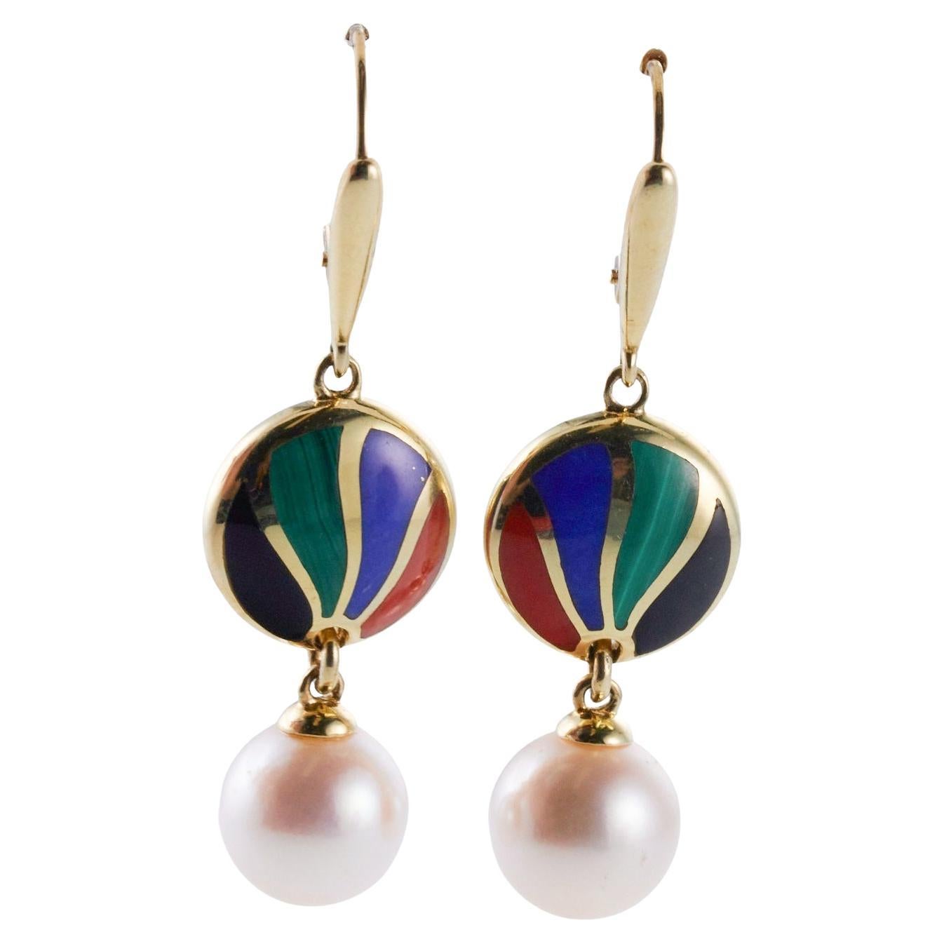 Asch Grossbardt Inlay Mother of Pearl Onyx Lapis Malachite Gold Earrings For Sale