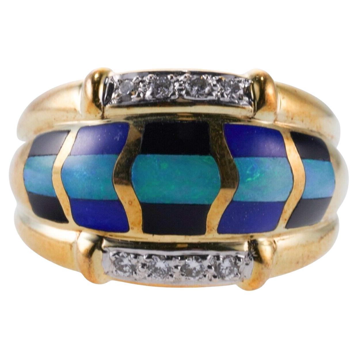 Asch Grossbardt Inlay Mother of Pearl Onyx Opal Lapis Diamond Gold Ring For Sale