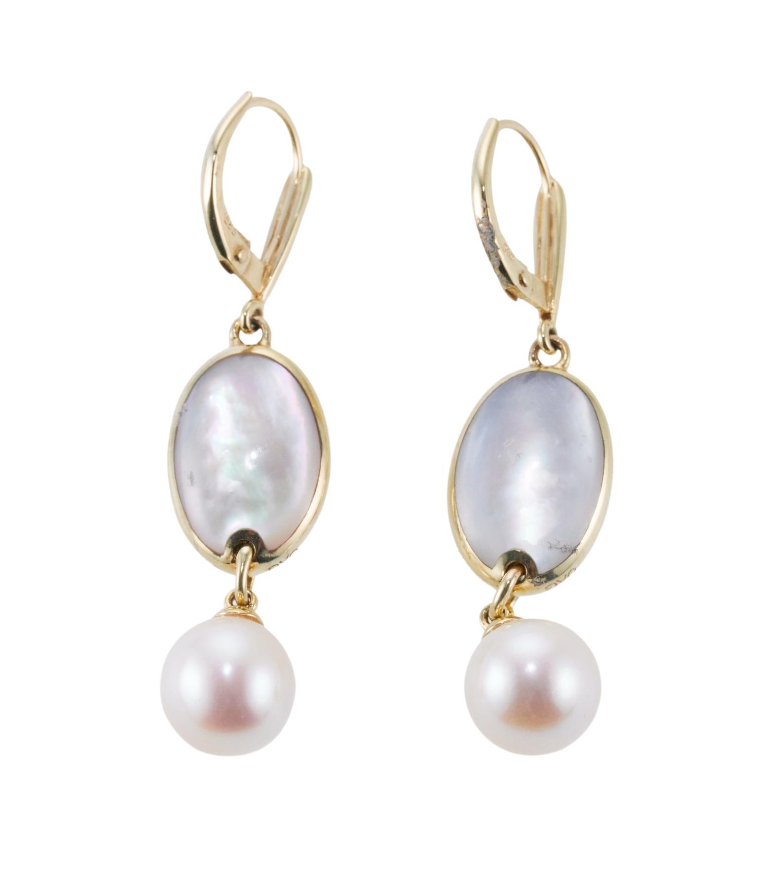 Uncut Asch Grossbardt Inlay Mother of Pearl Onyx Pearl Gold Earrings For Sale