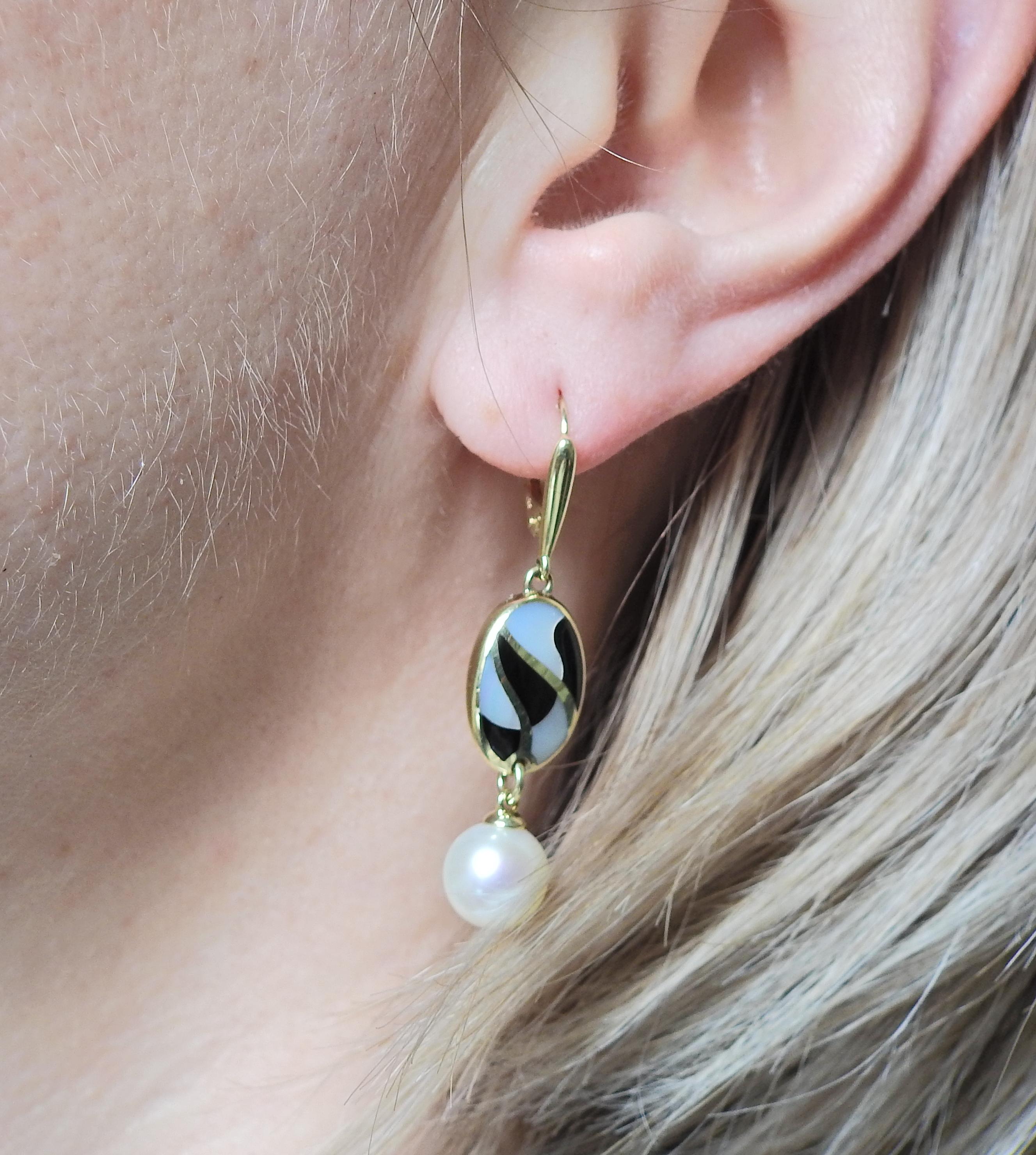 Women's Asch Grossbardt Inlay Mother of Pearl Onyx Pearl Gold Earrings For Sale