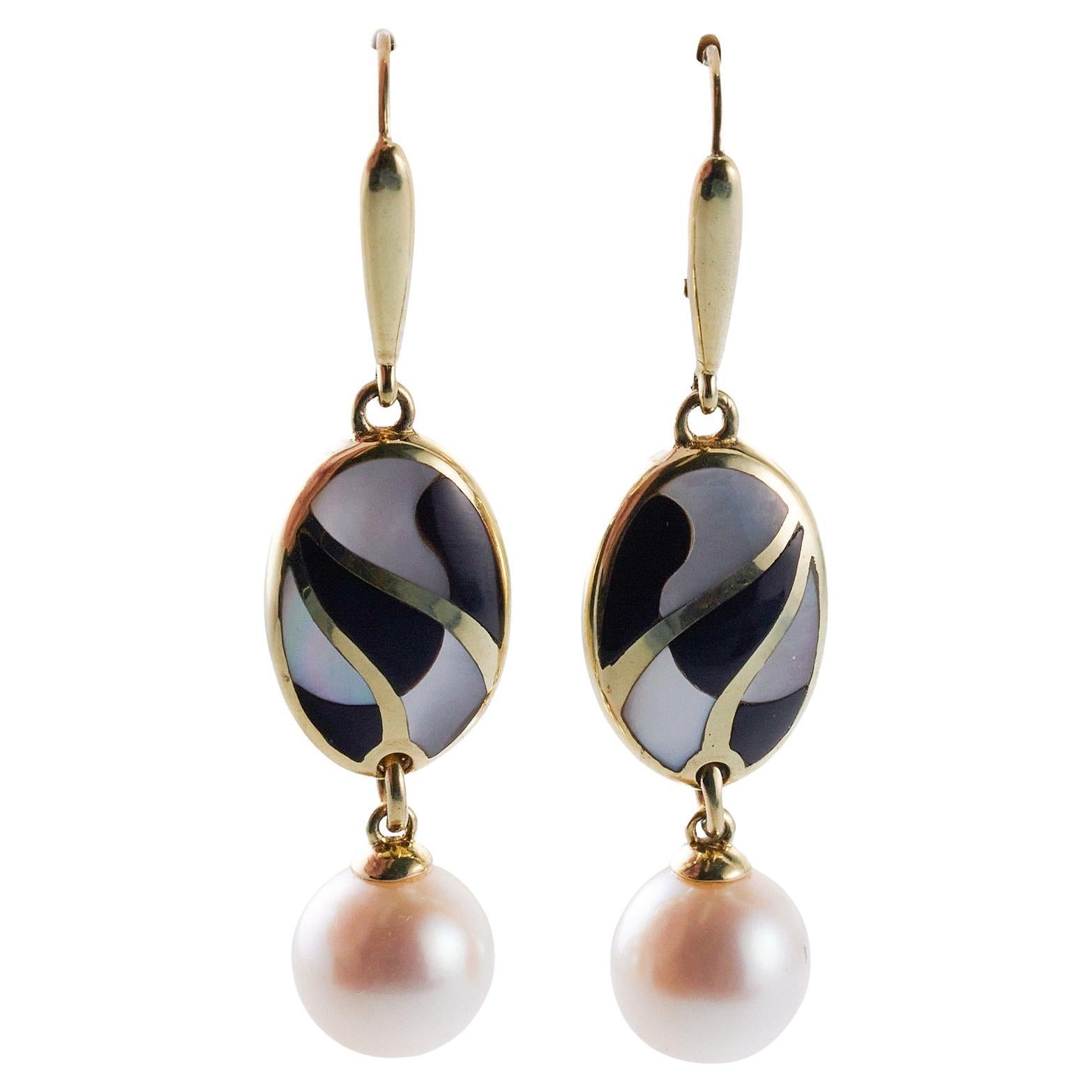 Asch Grossbardt Inlay Mother of Pearl Onyx Pearl Gold Earrings For Sale