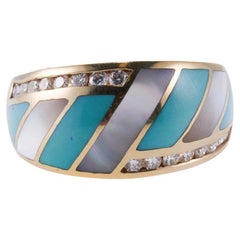 Asch Grossbardt Inlay Mother of Pearl Turquoise Diamond Gold Ring