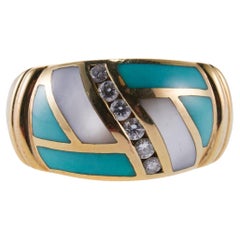 Asch Grossbardt Inlay Mother of Pearl Turquoise Diamond Gold Ring