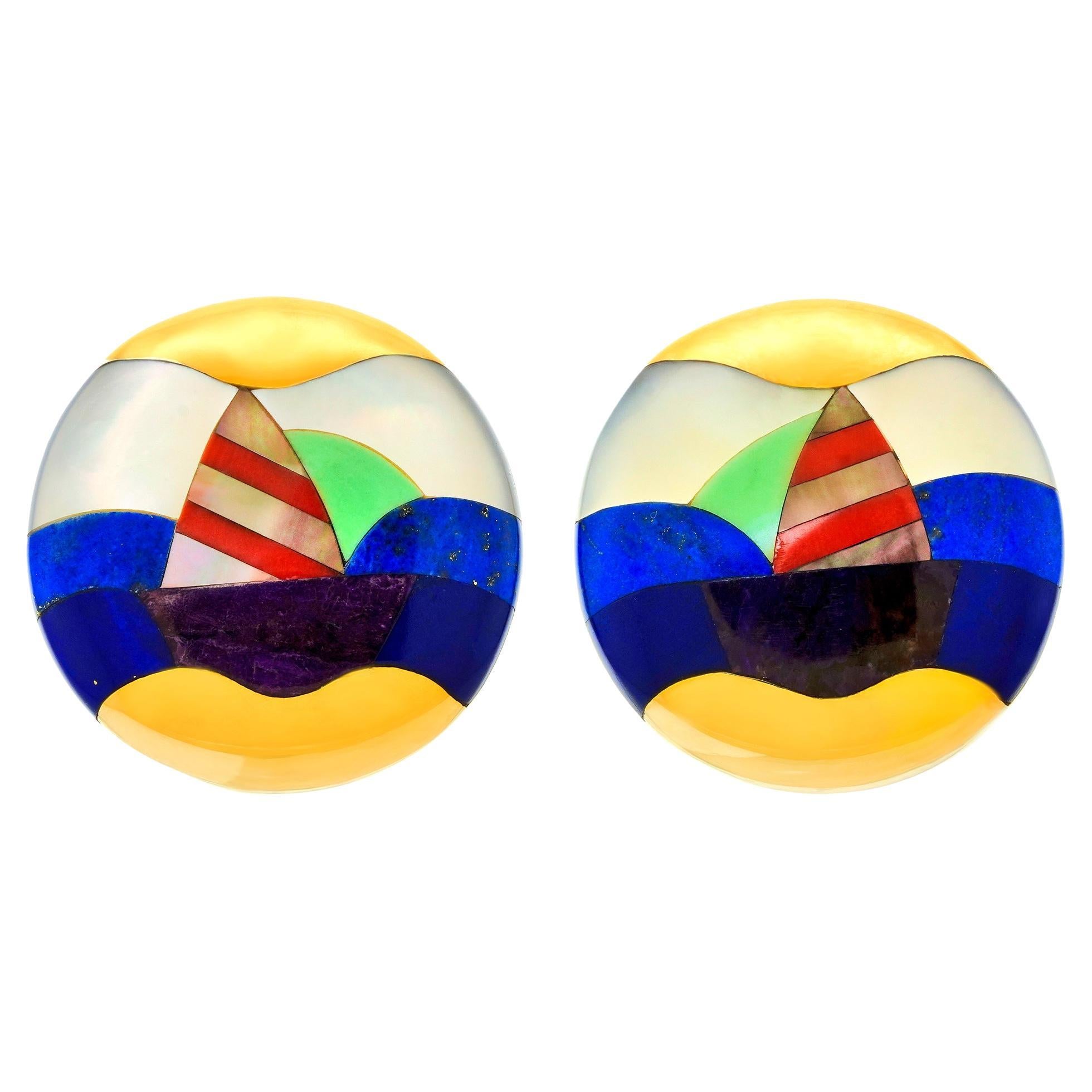 Asch Grossbardt Intarsio Sailboat Earrings For Sale