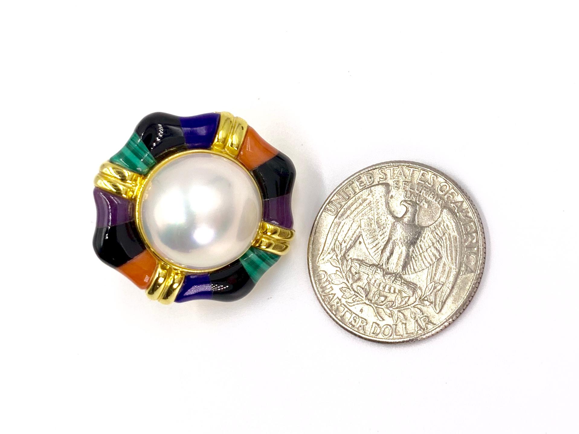 Asch Grossbardt Mabe Pearl Button Earrings with Multi-Stone Inlay For Sale 5