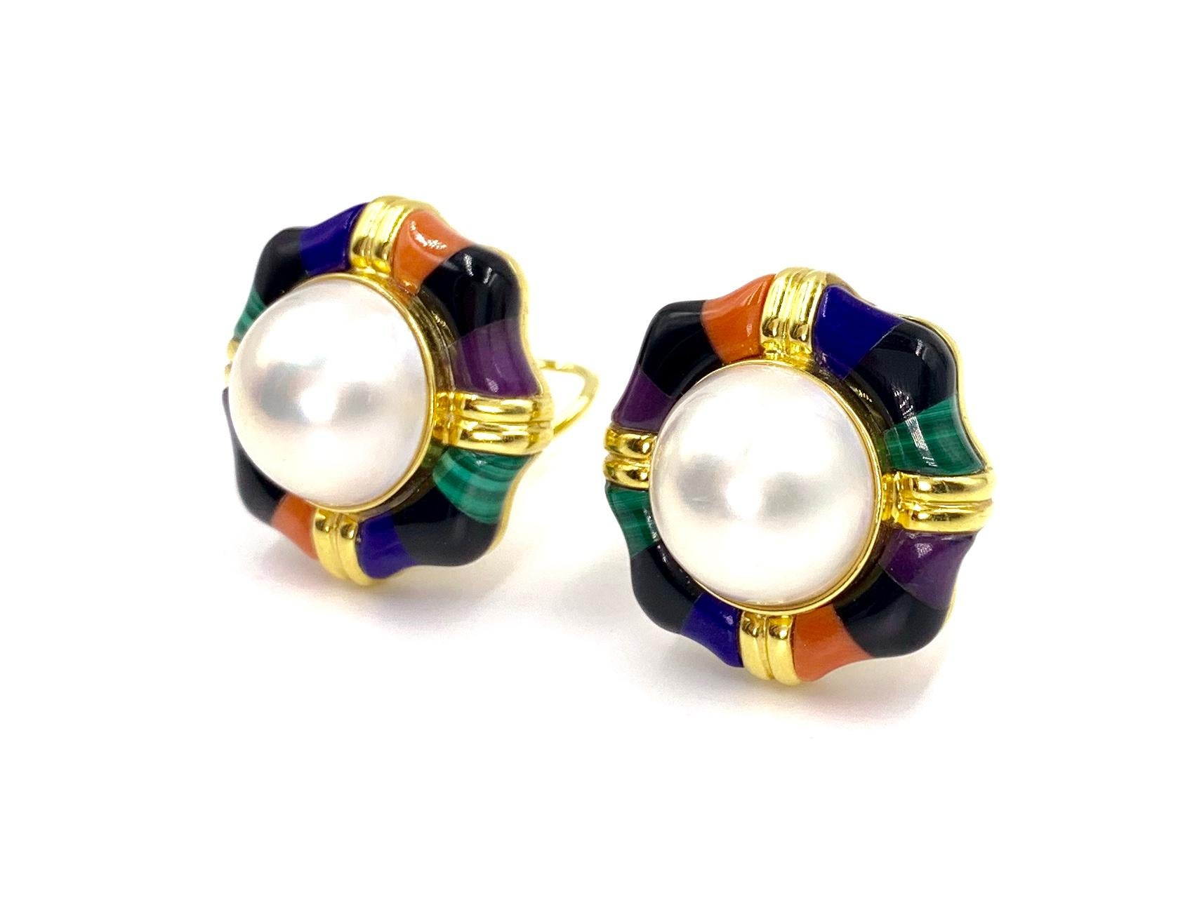Contemporary Asch Grossbardt Mabe Pearl Button Earrings with Multi-Stone Inlay For Sale