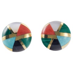 Asch Grossbardt MOP Coral Malachite Turquoise Onyx Inlay Gold Earrings
