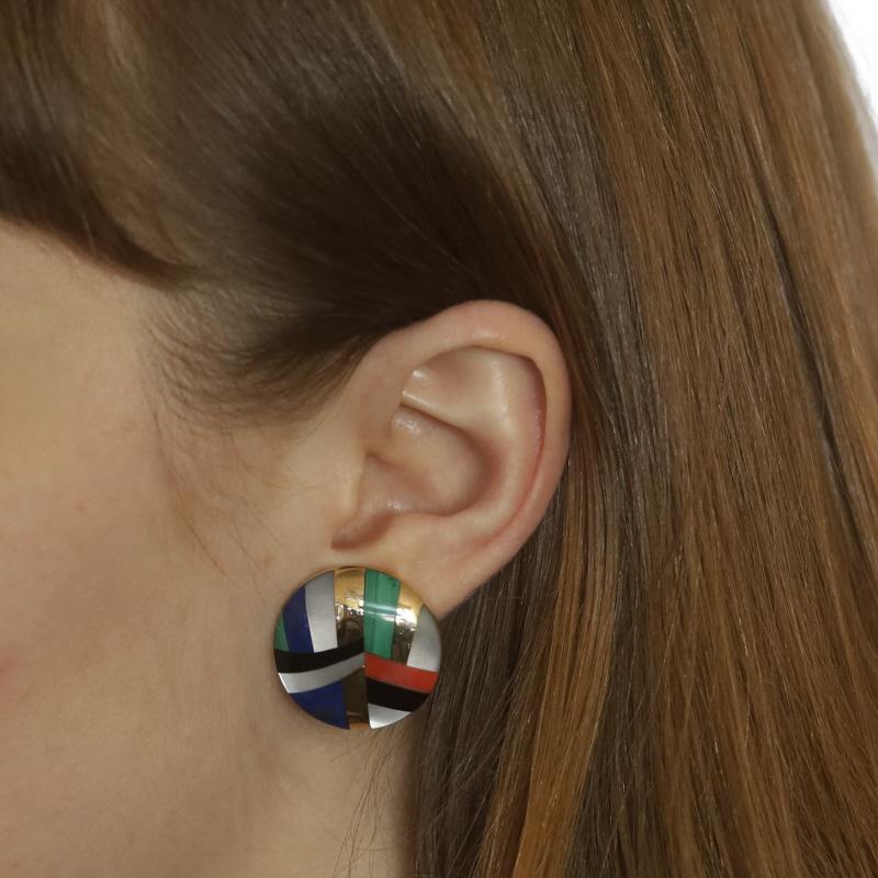 Asch Grossbardt MOP Coral Onyx Malachite Lapis Earrings Yellow Gold 14k Clip-Ons In Excellent Condition For Sale In Greensboro, NC