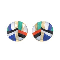 Asch Grossbardt MOP Coral Onyx Malachite Lapis Earrings Yellow Gold 14k Clip-Ons