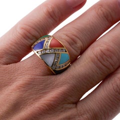 Asch Grossbardt MOP Coral Turquoise Malachite Inlay Diamond Gold Ring