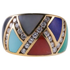 Asch Grossbardt MOP Coral Turquoise Malachite Inlay Diamond Gold Ring