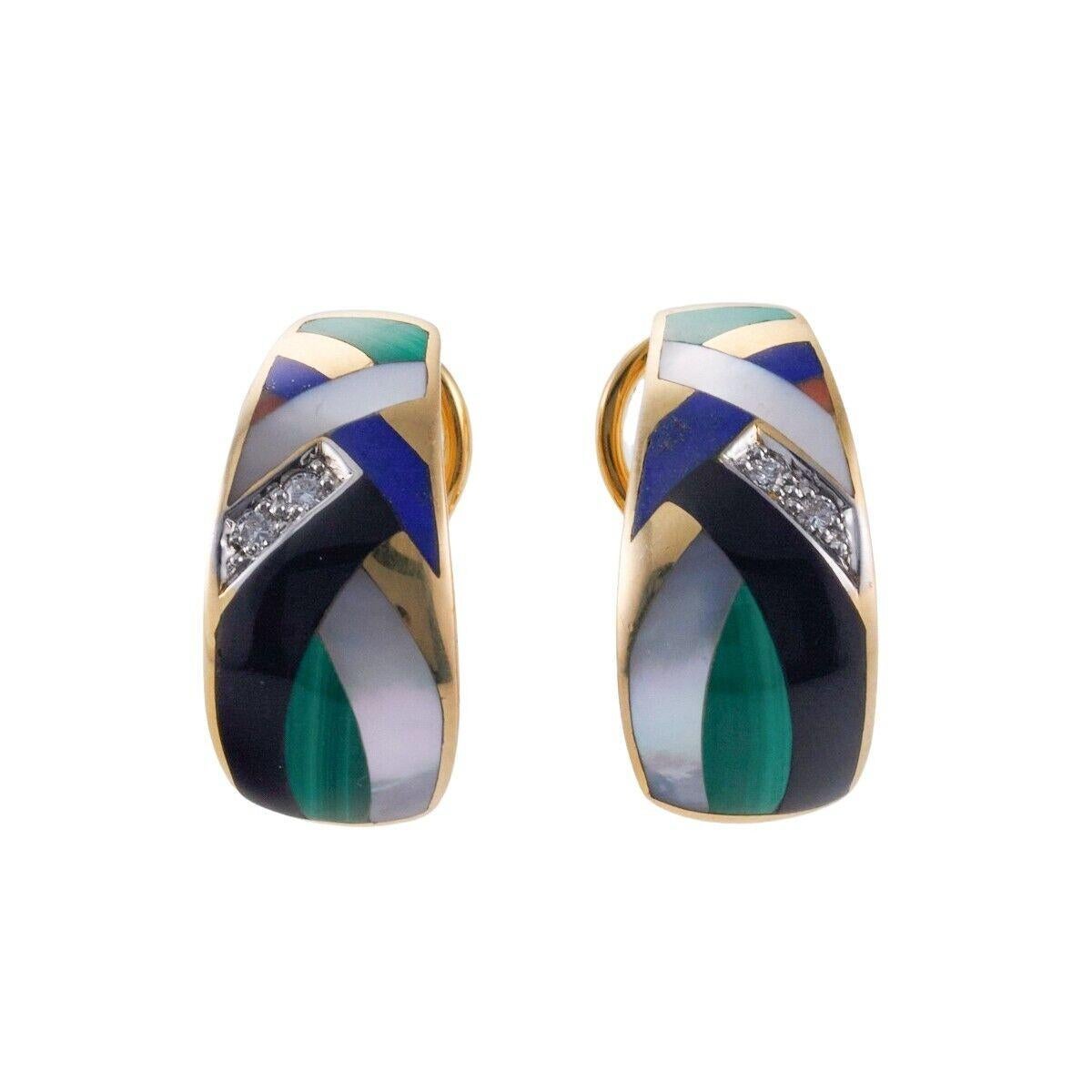 Women's Asch Grossbardt MOP Malachite Onyx Lapis Inlay Diamond Gold Earrings For Sale