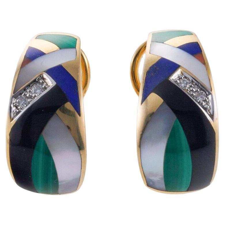 Asch Grossbardt MOP Malachite Onyx Lapis Inlay Diamond Gold Earrings For Sale