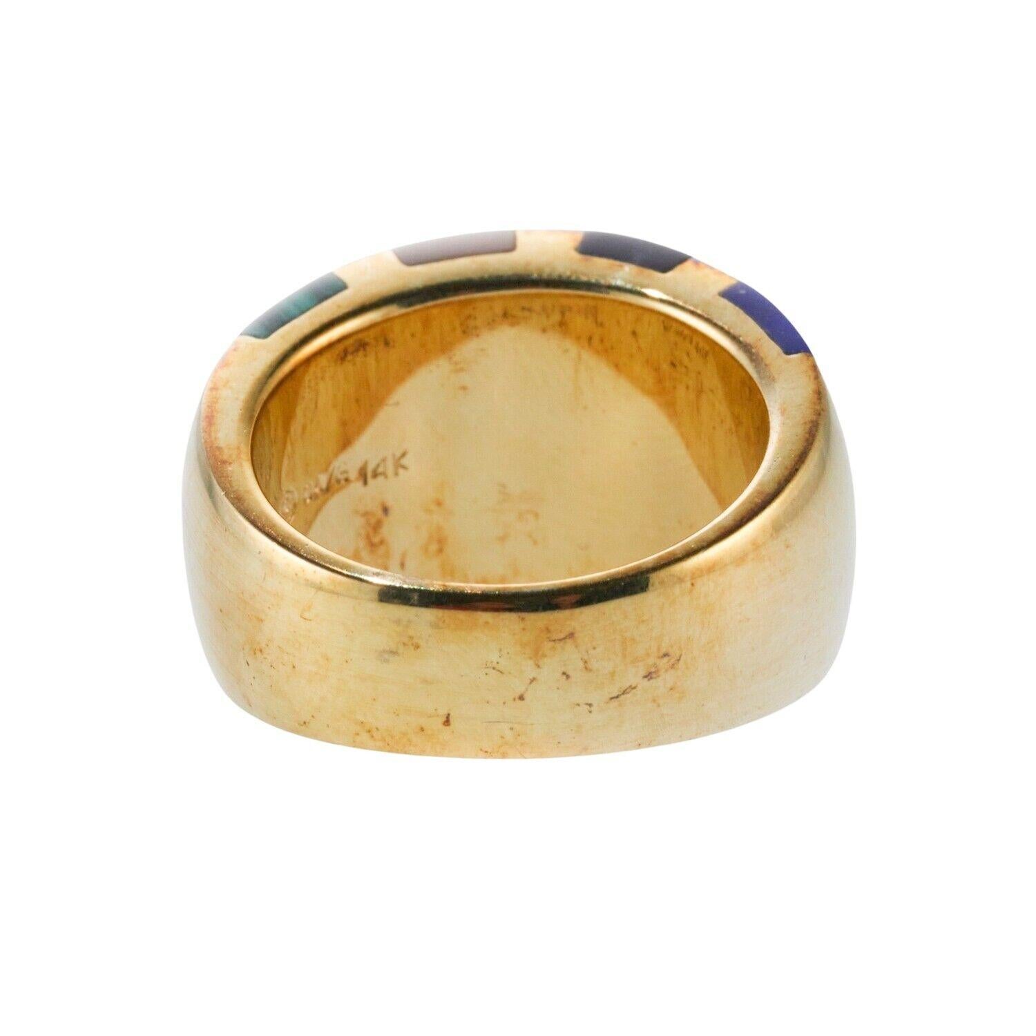Uncut Asch Grossbardt MOP Onyx Coral Malachite Lapis Inlay Gold Ring For Sale