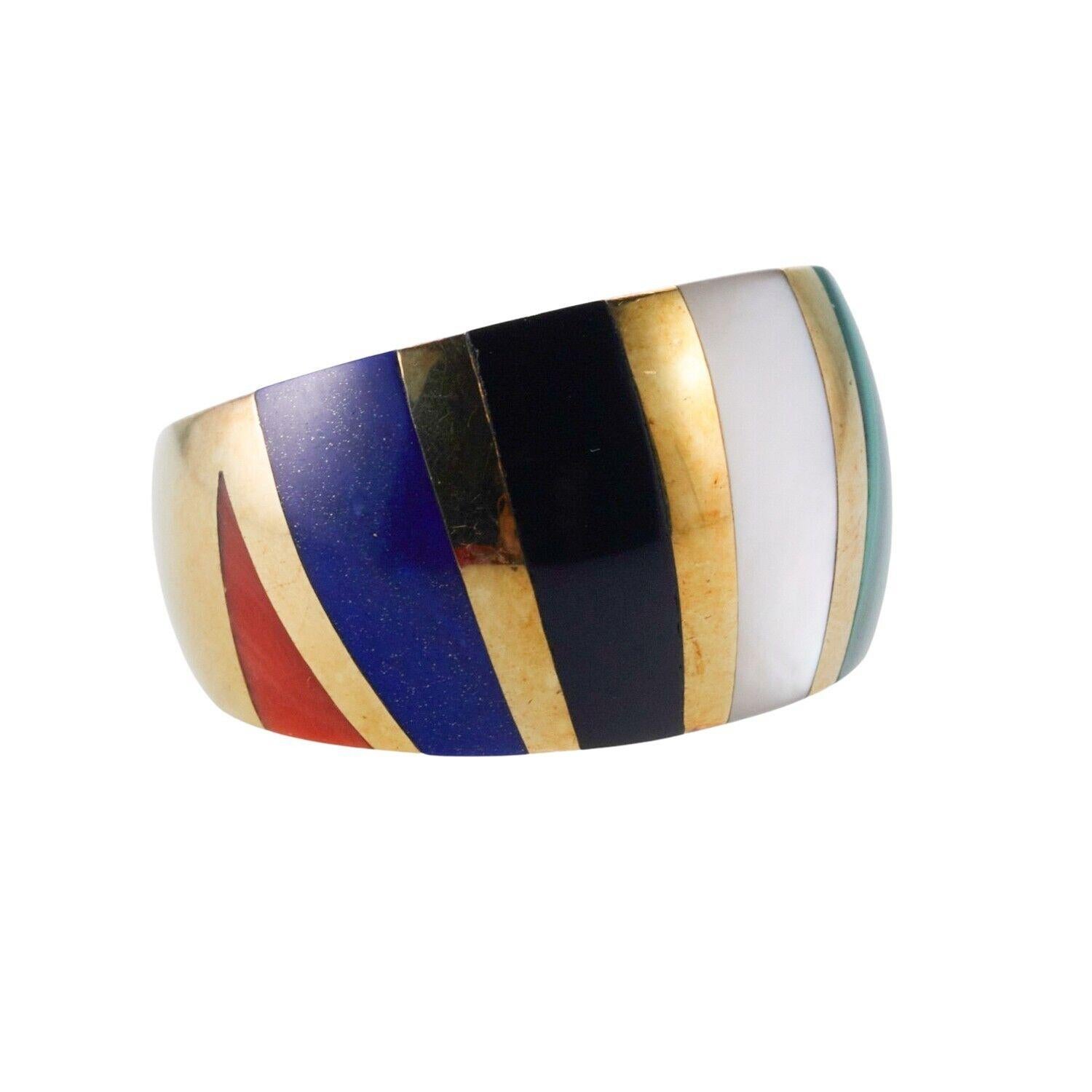 Asch Grossbardt MOP Onyx Coral Malachite Lapis Inlay Gold Ring In Good Condition For Sale In Lambertville, NJ