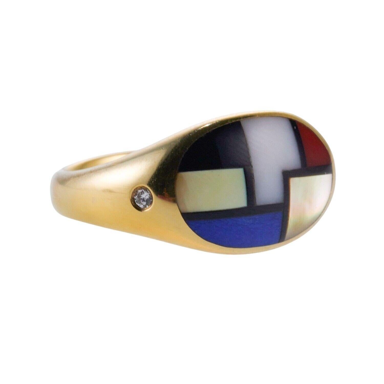 Goldring, Asch Grossbardt MOP Onyx, Lapislazuli, Korallen-Intarsien, Diamant im Zustand „Hervorragend“ im Angebot in Lambertville, NJ