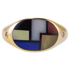 Goldring, Asch Grossbardt MOP Onyx, Lapislazuli, Korallen-Intarsien, Diamant