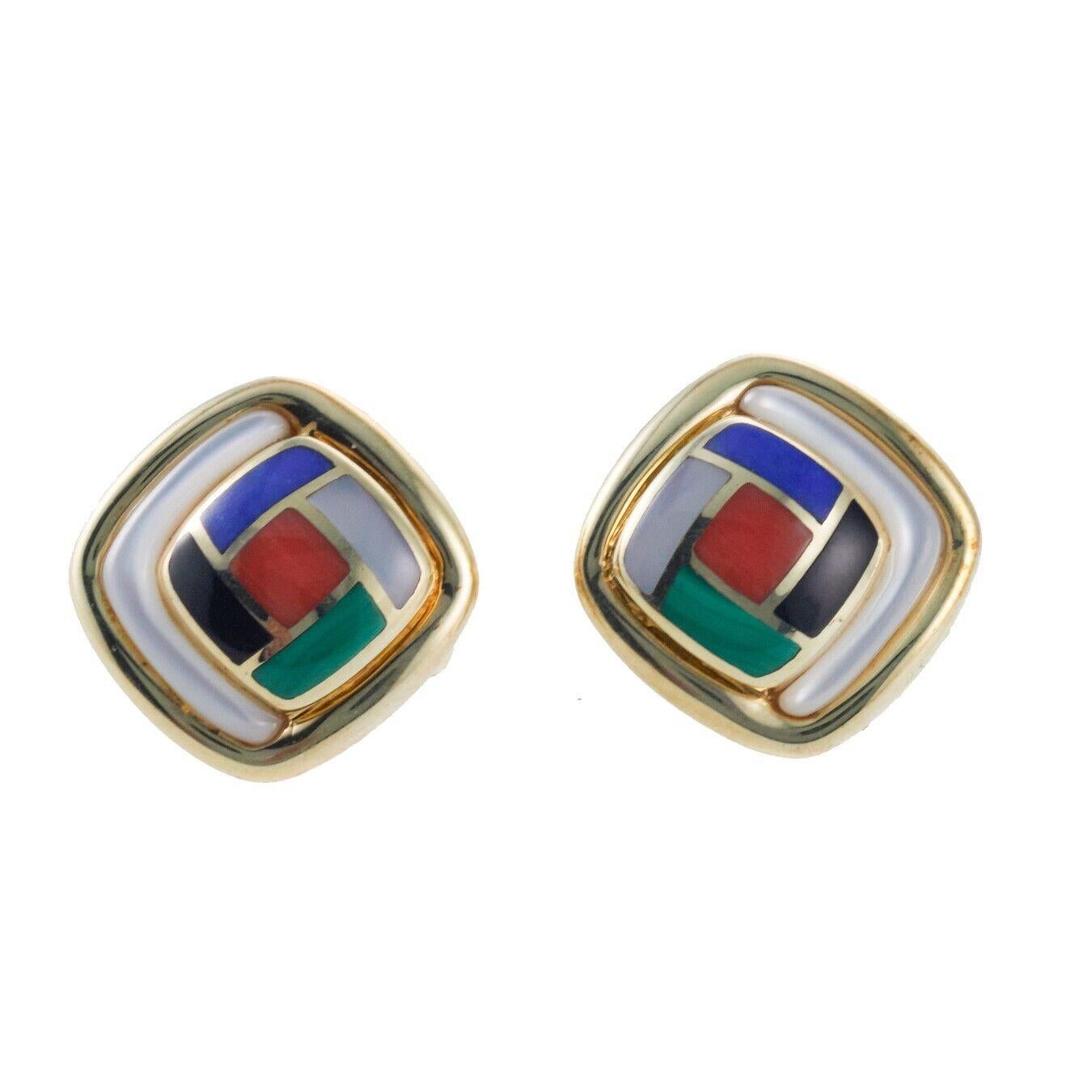 Women's Asch Grossbardt MOP Onyx Lapis Coral Malachite Inlay Gold Earrings For Sale