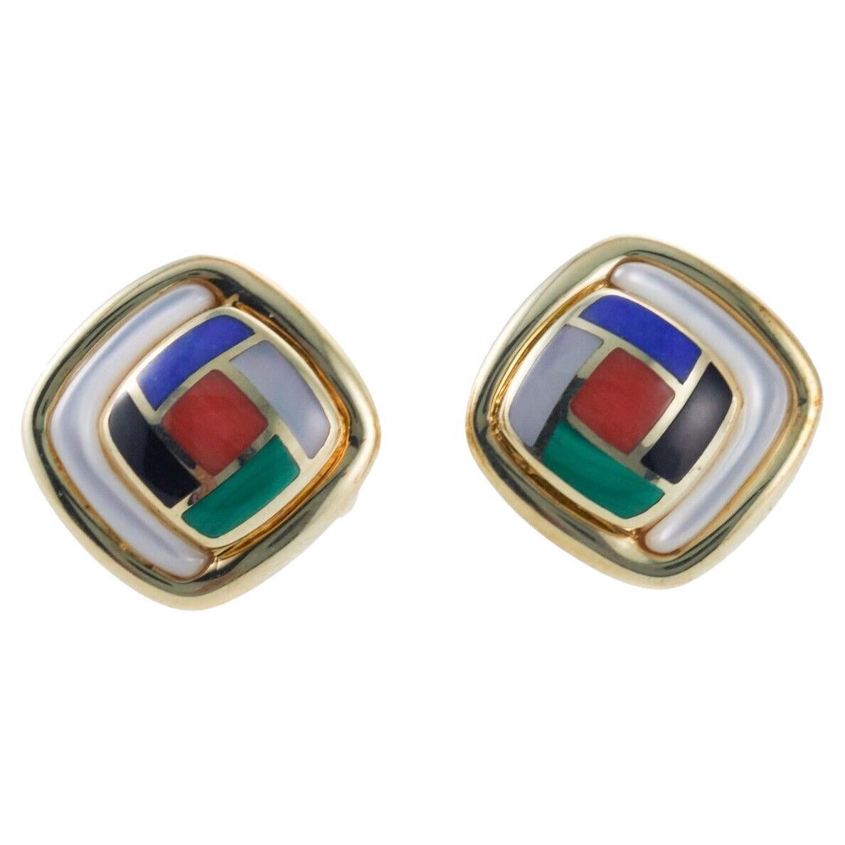 Asch Grossbardt MOP Onyx Lapis Coral Malachite Inlay Gold Earrings For Sale