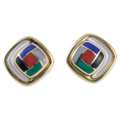 Asch Grossbardt MOP Onyx Lapis Coral Malachite Inlay Gold Earrings