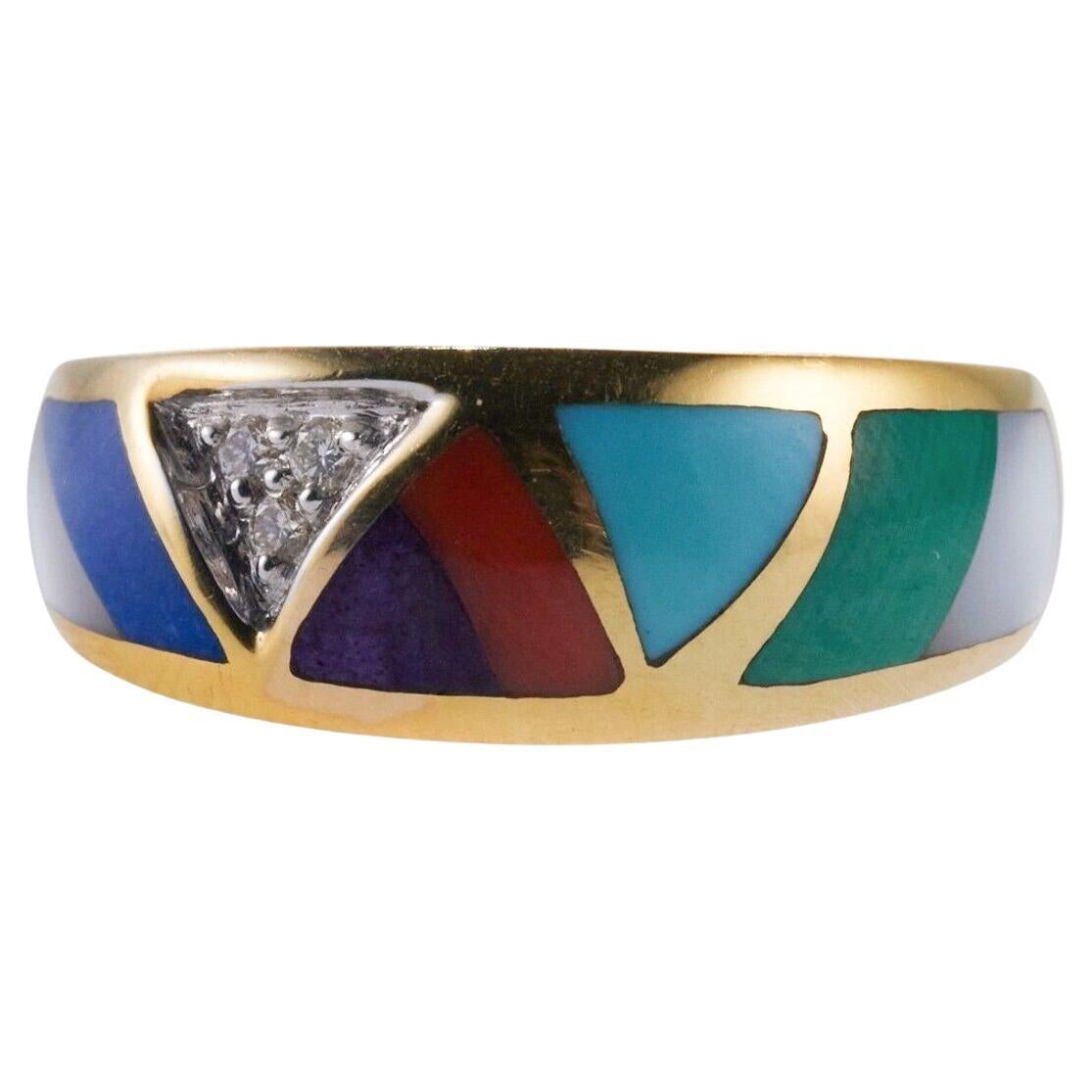 Asch Grossbardt MOP Turquoise Coral Lapis Inlay Diamond Gold Ring For Sale