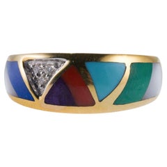 Asch Grossbardt MOP Turquoise Coral Lapis Inlay Diamond Gold Ring
