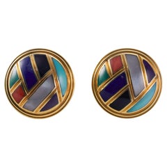 Asch Grossbardt MOP Turquoise Lapis Coral Malachite Inlay Gold Earrings