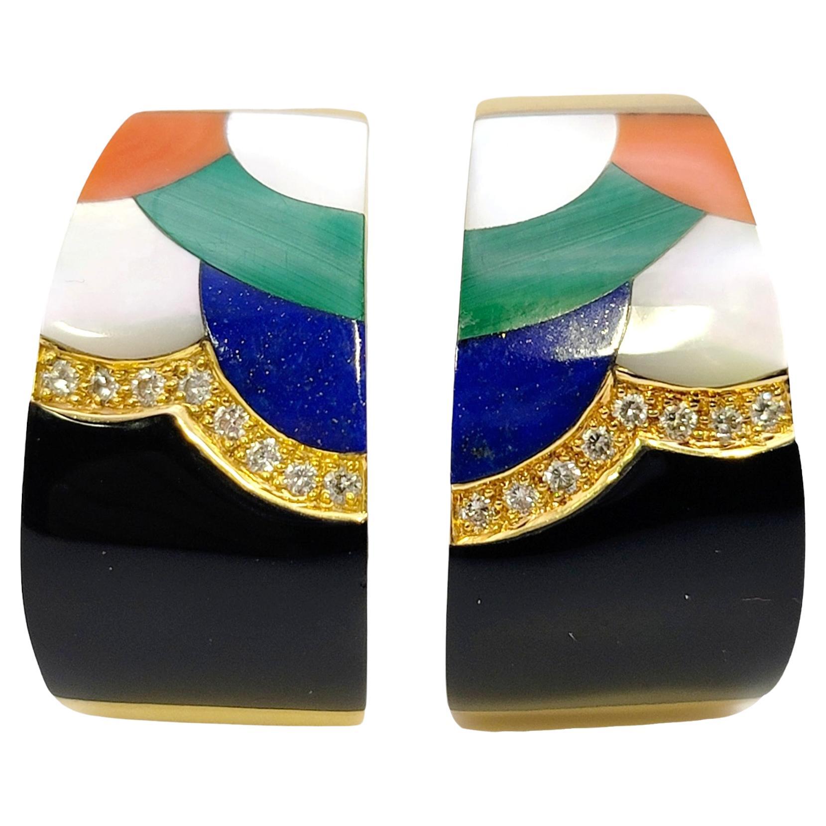 Asch Grossbardt Mosaic Gemstone and Diamond Inlay Earrings in 14 Karat Gold