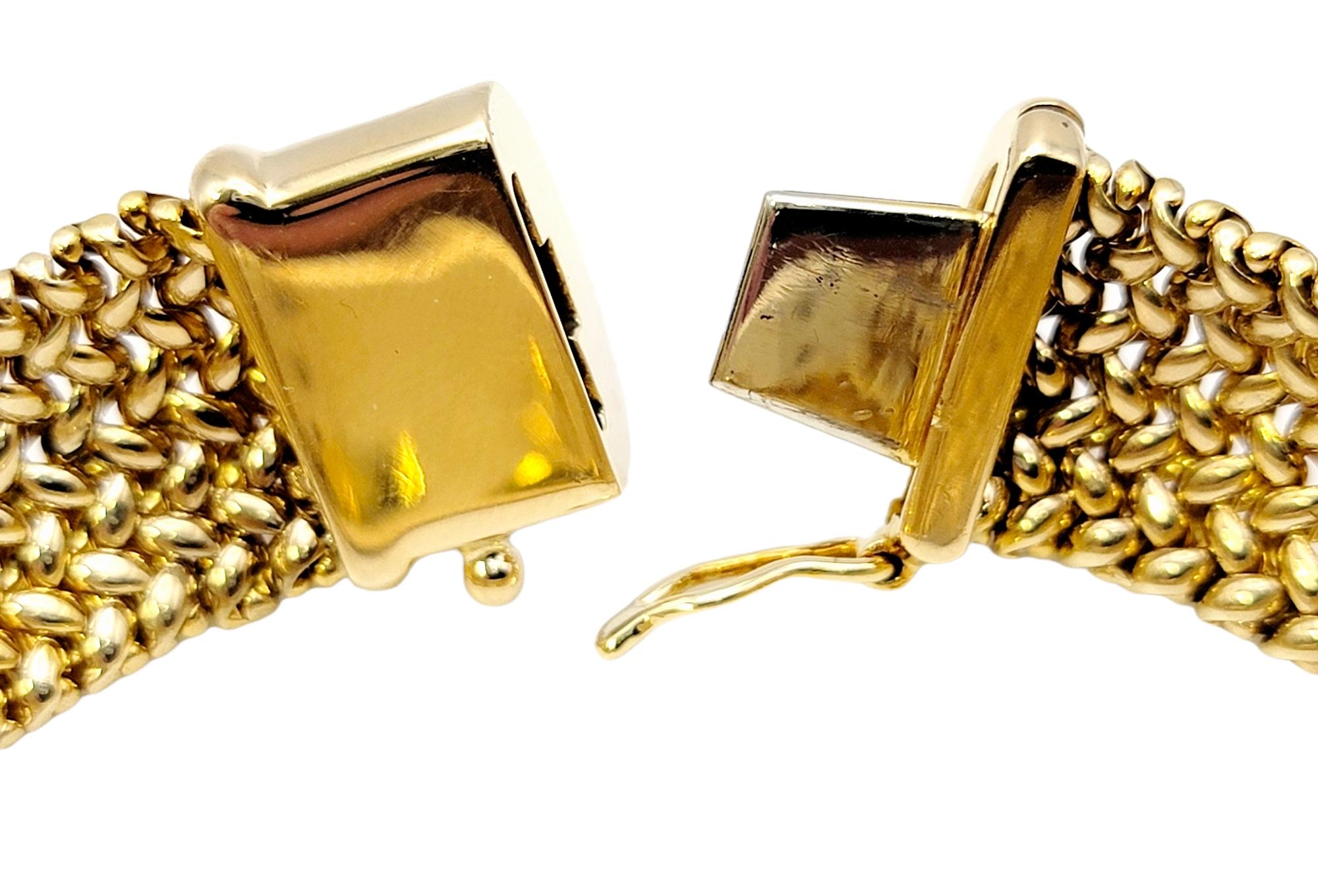 Asch Grossbardt Mosaic Gemstone and Diamond Inlay Mesh ID 14 Karat Gold Bracelet For Sale 1